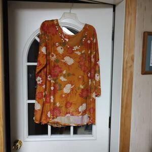 Hearts Of Palm Mustard Multi-Color Flowered 3/4 Sleeve Top Size Women's 2X